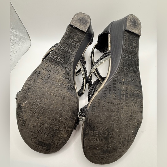 Express Black & Silver Braided Rope Wedge Sandals - Picture 7 of 7